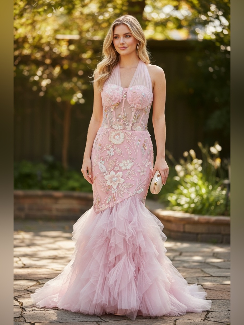 Dress size large women pink beaded MERMAID GOWN prom cocktail party corset